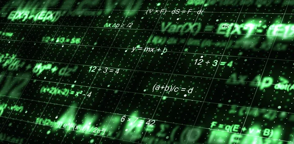 Futuristic green background with glowing math equations, algebraic formulas.. Stockillustratie