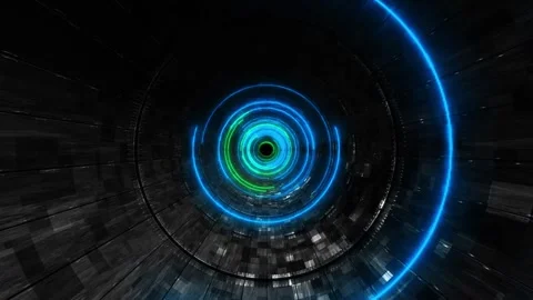 Futuristic green blue portal visual with glowing circular tunnel, deep metallic Stock Footage 340558221