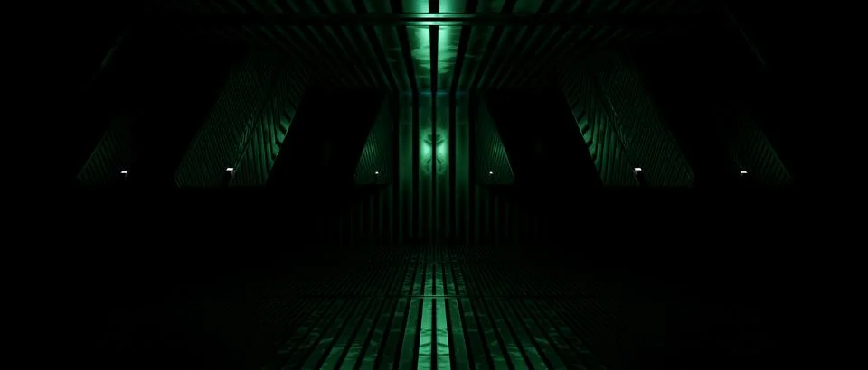 Futuristic Green Corridor Sci-Fi Spaceship Interior Background 스톡 일러스트