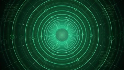 Futuristic Green Digital HUD Interface with Rotating Circular Data Elements and Stock Footage 343162373