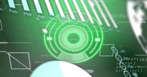Futuristic green digital interface with rotating elements and data processing Stock Photos