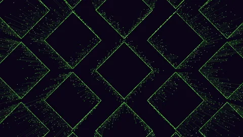 Futuristic green digital network grid with glowing particles on dark background Vídeos de archivo 333188320