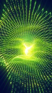 Futuristic green digital vortex made of glowing dots and lines, forming a t.. Stockillustratie