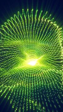 Futuristic green digital vortex made of glowing dots and lines, forming a t.. Stockillustratie