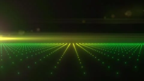 A futuristic green glowing digital grid landscape extending into the distan.. Stockillustratie