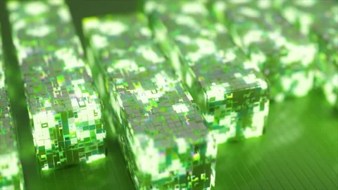 Futuristic green glowing rectangular blocks with digital circuitry patterns Stock Footage 334042932