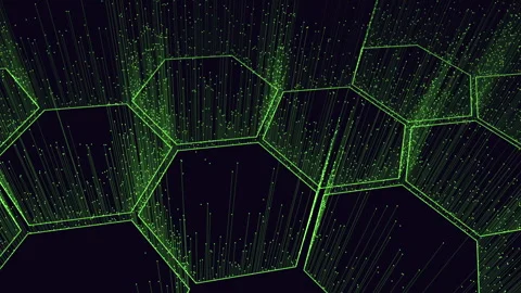 Futuristic green hexagonal grid with digital data streams on dark abstract Stock Footage 334139070