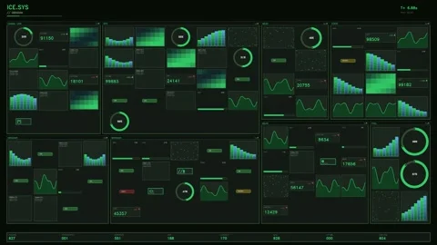 Futuristic green HUD interface with digital data visualizations and system .. Stock Footage 334110254