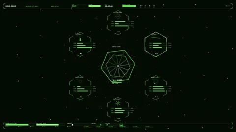 Futuristic Green HUD Interface with Hexagonal Engine Telemetry and Spacecra.. Video stock 334099035
