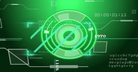 Futuristic green HUD interface image with rotating circles and digital data Foto stock