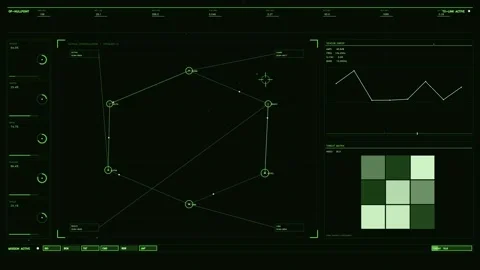 Futuristic green HUD interface with tactical constellation map sensor sweep and Stock Footage 334637985