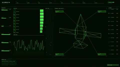 Futuristic green HUD tactical display with satellite schematic and real-tim.. Vídeo Stock 334097214
