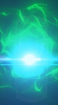 Futuristic green particle orb with bright cyan lens flare, glowing energy w.. Stock Illustration
