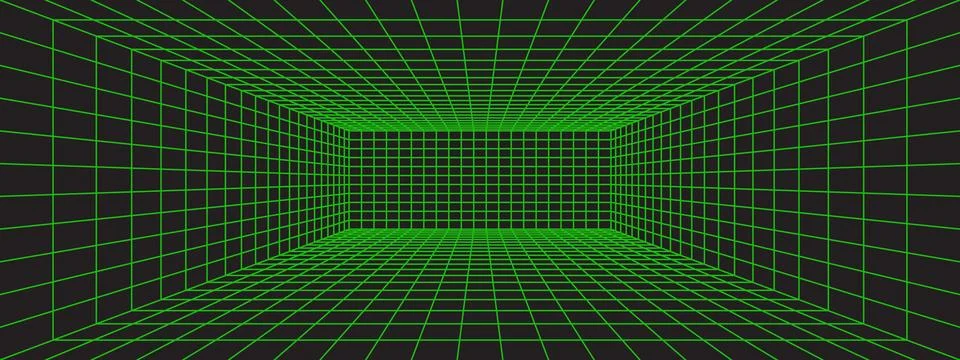 Futuristic green perspective grid box. Wireframe room on black background. .. Stock Illustration