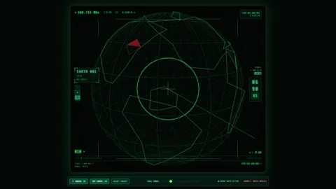 Futuristic Green Radar Interface Displaying Digital Globe and Telemetry Data Vidéo 348067534