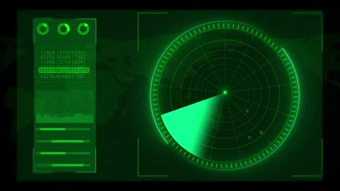 Futuristic green scanner HUD display radar sweep, global map dots, numeric panel Stock Footage 340564488