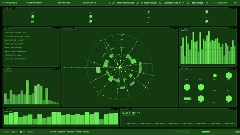 Futuristic Green Scientific HUD Interface Displaying Particle Physics Telem.. Stock Footage 334091329