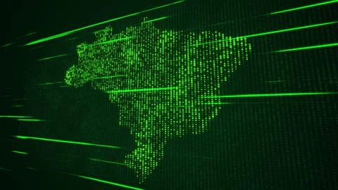 Futuristic Green Square Mosaic Grid Map Of Brazil Perspective View Light Streaks 스톡 일러스트