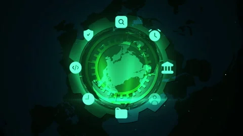 Futuristic Green Tech Gear Interface Globe Illustration with Icons Stock Footage 339114144