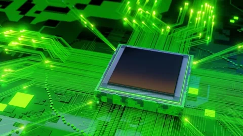 Futuristic Green Technology with Circuit Board and Processor Stock Footage 306193164