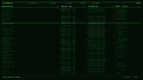 Futuristic green terminal interface displaying scrolling code diff memory maps Vidéo 334637927