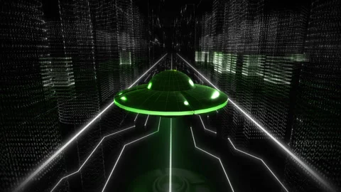 A futuristic green UFO is flying through cyberspace above the coding data Stock Footage 277640663
