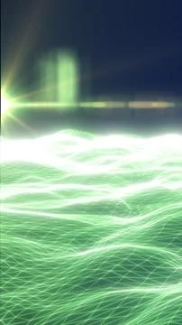 Futuristic green wireframe landscape with glowing grid terrain, bright hori.. Stock Illustration