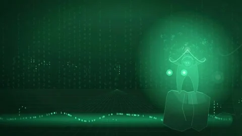 Futuristic Green Wireframe Robot in Digital Cyberspace with Code Rain and Head Stock Footage 341454448