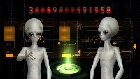 Futuristic grey alien interacting with cybernetic hologram map in sci fi Stock Footage 333052756
