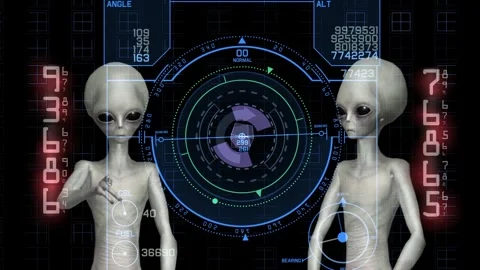 Futuristic grey alien interacting with cybernetic hologram map in sci fi Stock Footage 333052761