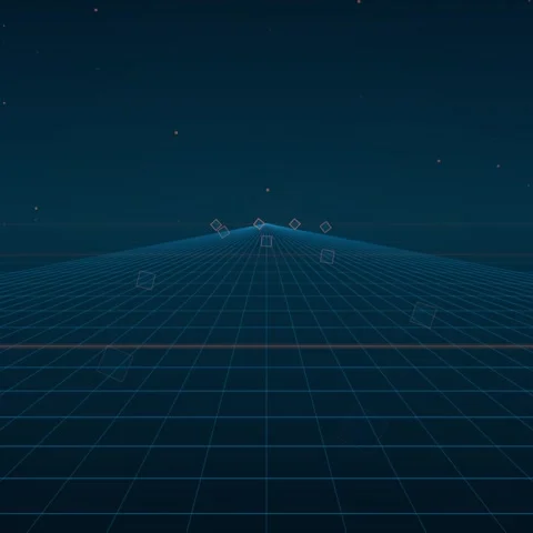 Futuristic Grid Landscape with Floating Cubes - Digital Abstract Background Stock Footage 347804299