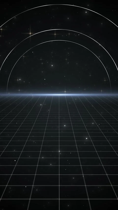 Futuristic grid space scene dark floor perspective, glowing horizon, white Stock Footage 334129156