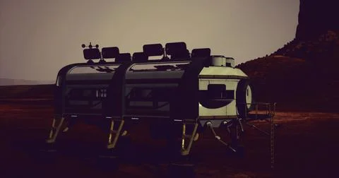Futuristic habitat module on a desolate extraterrestrial landscape at dusk Stock Illustration