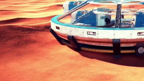 Futuristic Habitat Rests on the Rusty Surface of a Mysterious Alien Landscape Stock Footage 344823056