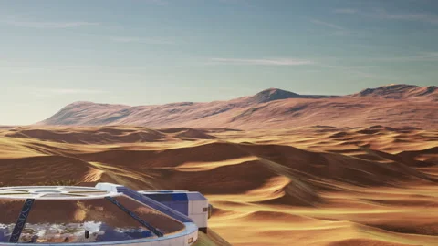 A futuristic habitat sits on the surface of a distant planet Stock Footage 344957186