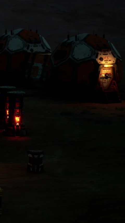Futuristic habitat structures on a rocky terrain at nighttime Stock Footage 341054053