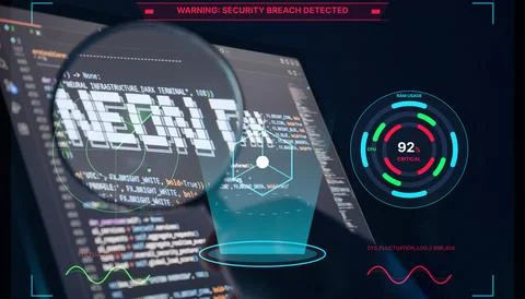 Futuristic hacker attack detection. Security breach alert overlay on programm 写真素材