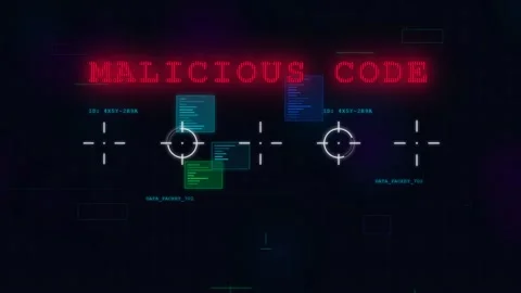 Futuristic Hacker Interface Displaying Malicious Code Alert with Glitch Effe Stock Footage 336619638