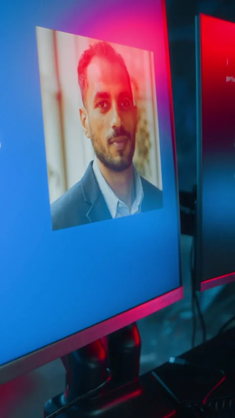 Futuristic Hacker Stealing Passport Data on Computer in Cyberpunk Workspace Stock Footage 327632940