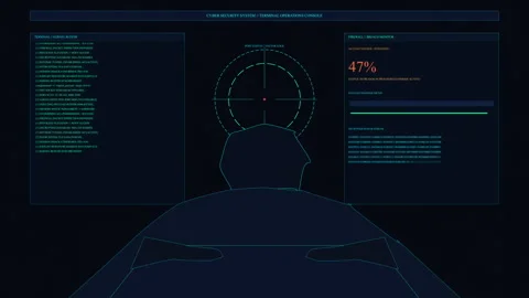 Futuristic hacker typing code at terminal interface with cyber security data Stock Footage 347569057