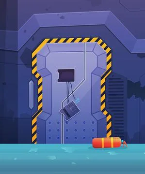 Futuristic hallway with broken combination lock panel elevator doors at night Stock Illustration