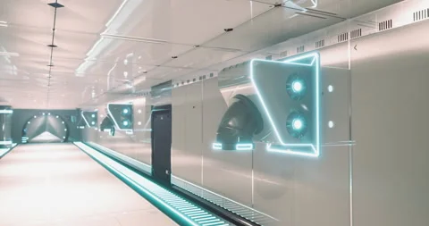 Futuristic hallway with glowing elements in a modern urban environment Stock Footage 313783132