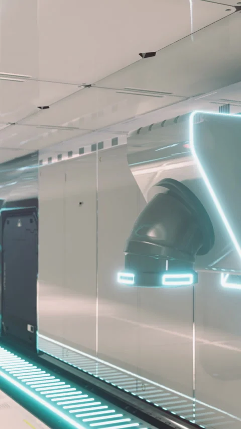 Futuristic hallway with glowing elements in a modern urban environment Stock Footage 317094975