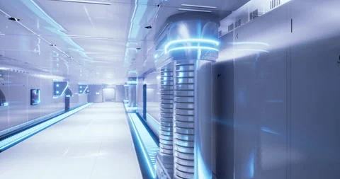 Futuristic hallway with glowing elements in a modern technology facility Stock Footage 323936794
