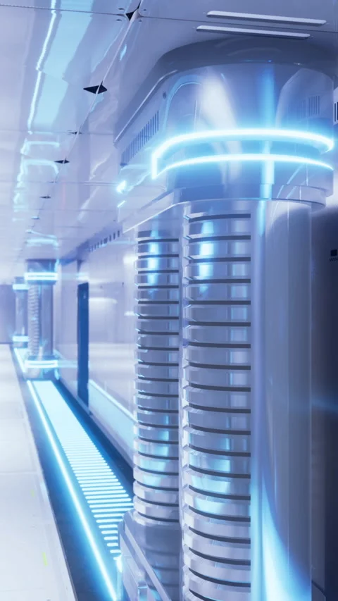 Futuristic hallway with glowing elements in a modern technology facility Stock Footage 325075918