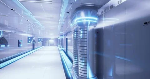 Futuristic hallway with glowing elements in a modern technology facility Stock Illustration