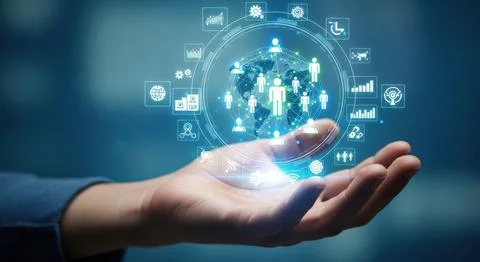 Futuristic hand holding digital globe network of people and connections tec.. Stock Illustration