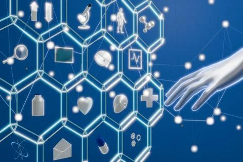 A futuristic hand interacts with a digital display of health and technology Stock Illustration