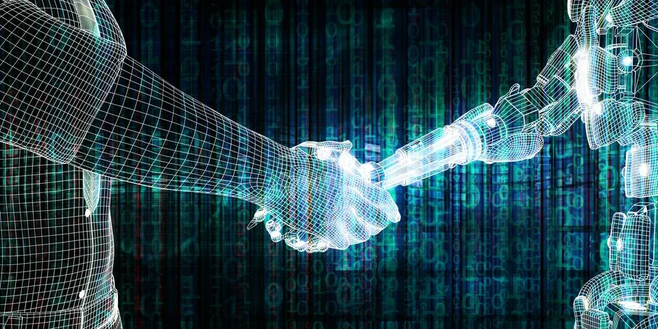 Futuristic Handshake Between Robotic Arm And Human 스톡 일러스트
