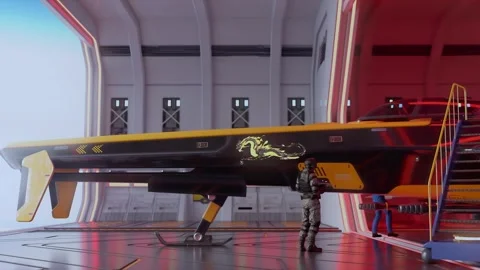 Futuristic hangar interior featuring a sleek, high-tech spacecraft. Stock Footage 311578253